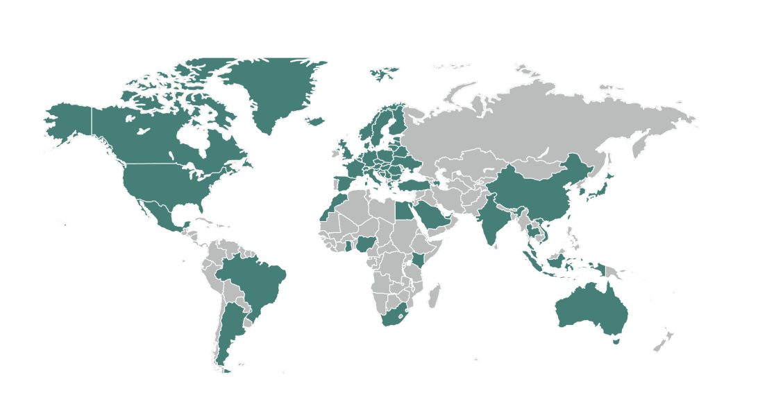 World map with the countries of the GFA members highlighted in green